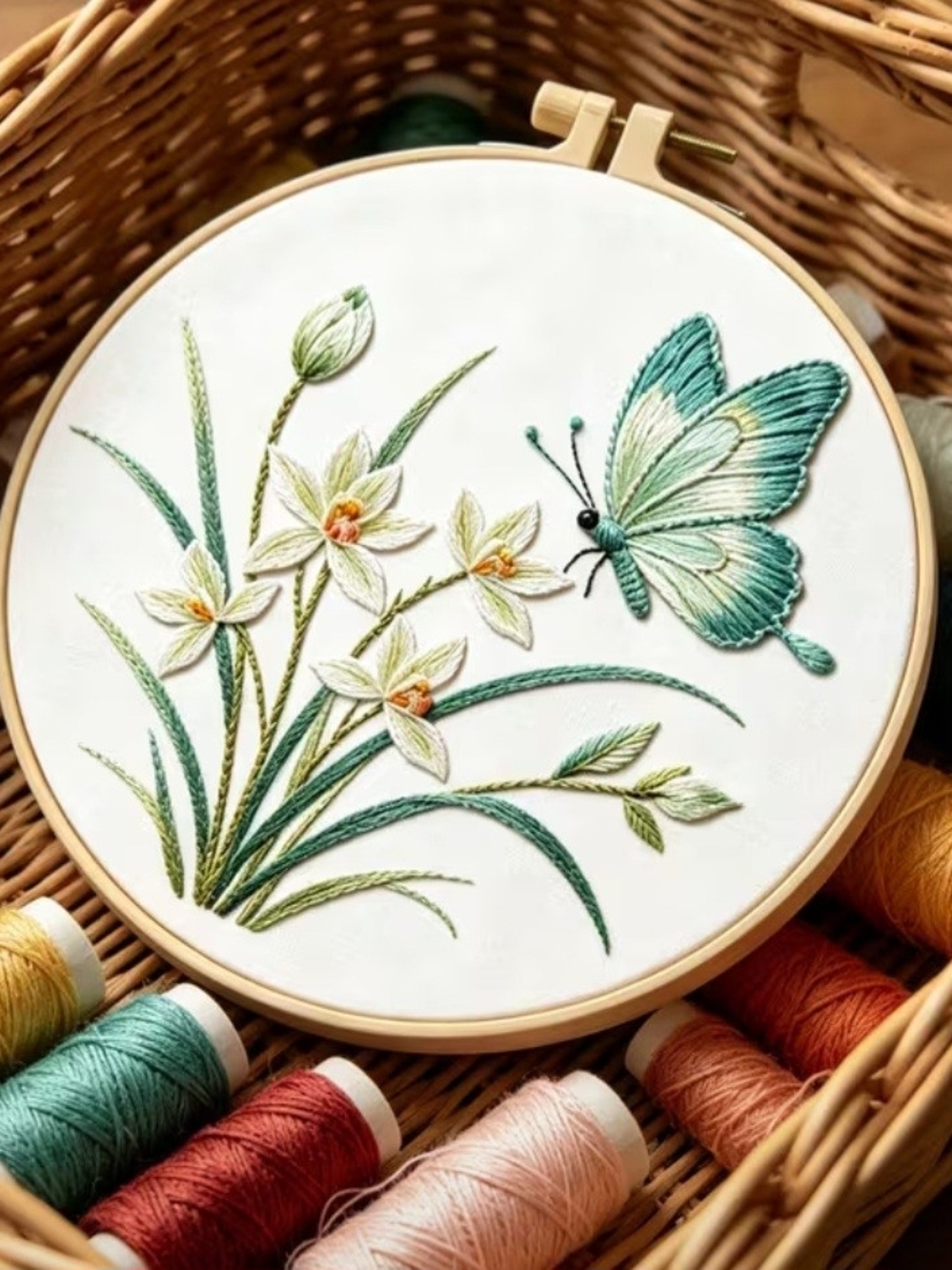 Hand-Embroidered Butterfly and Daffodil Wall Art Kit- Teal & Cream